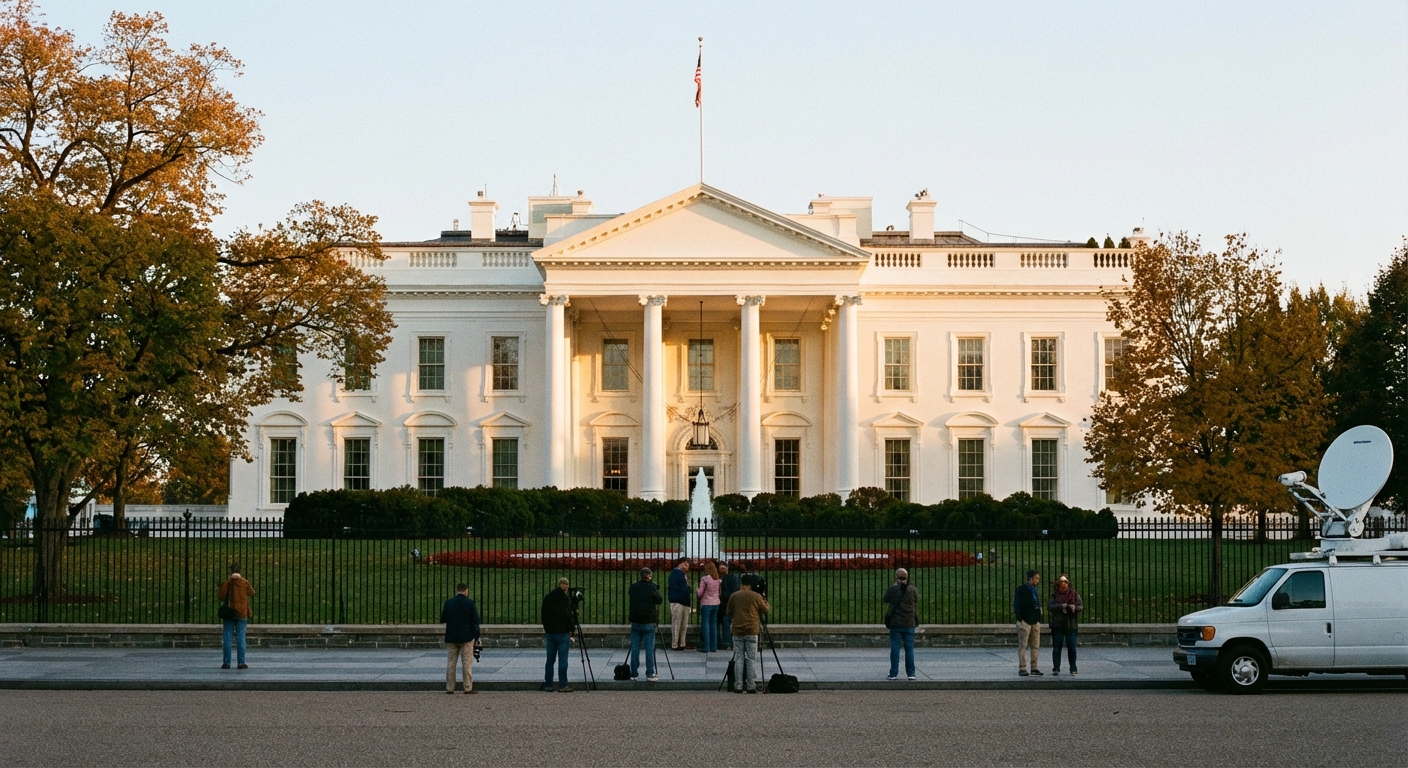 The exterior of the White House in Washington, DC in late afternoon light with minimal crowd presence, news photography style
