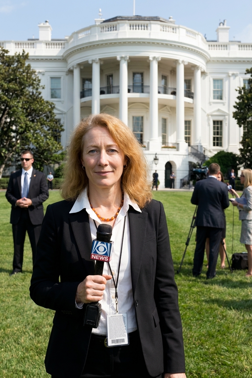 The exterior of the White House in Washington, DC on a clear day, with the North Lawn visible, news photography style