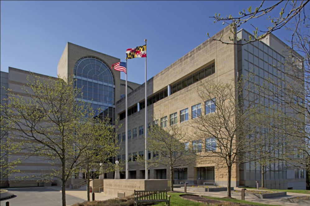 The exterior of the federal courthouse in Greenbelt, Maryland, photographed during daytime.