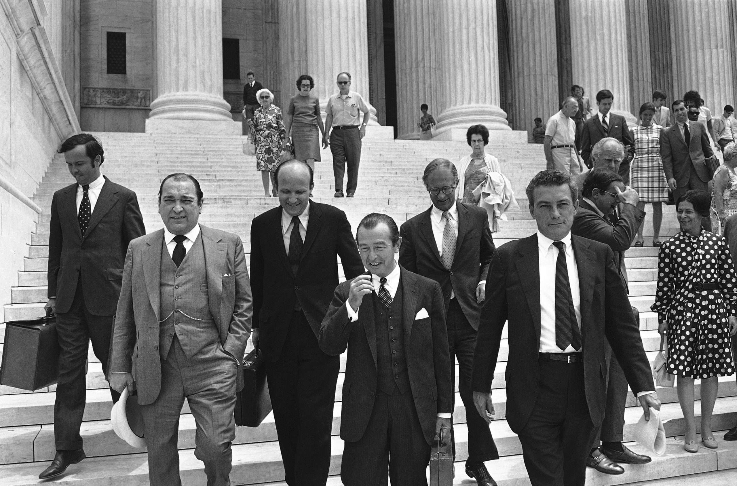 The exterior steps and columns of the United States Supreme Court building in Washington, DC in June 1971, news photography style
