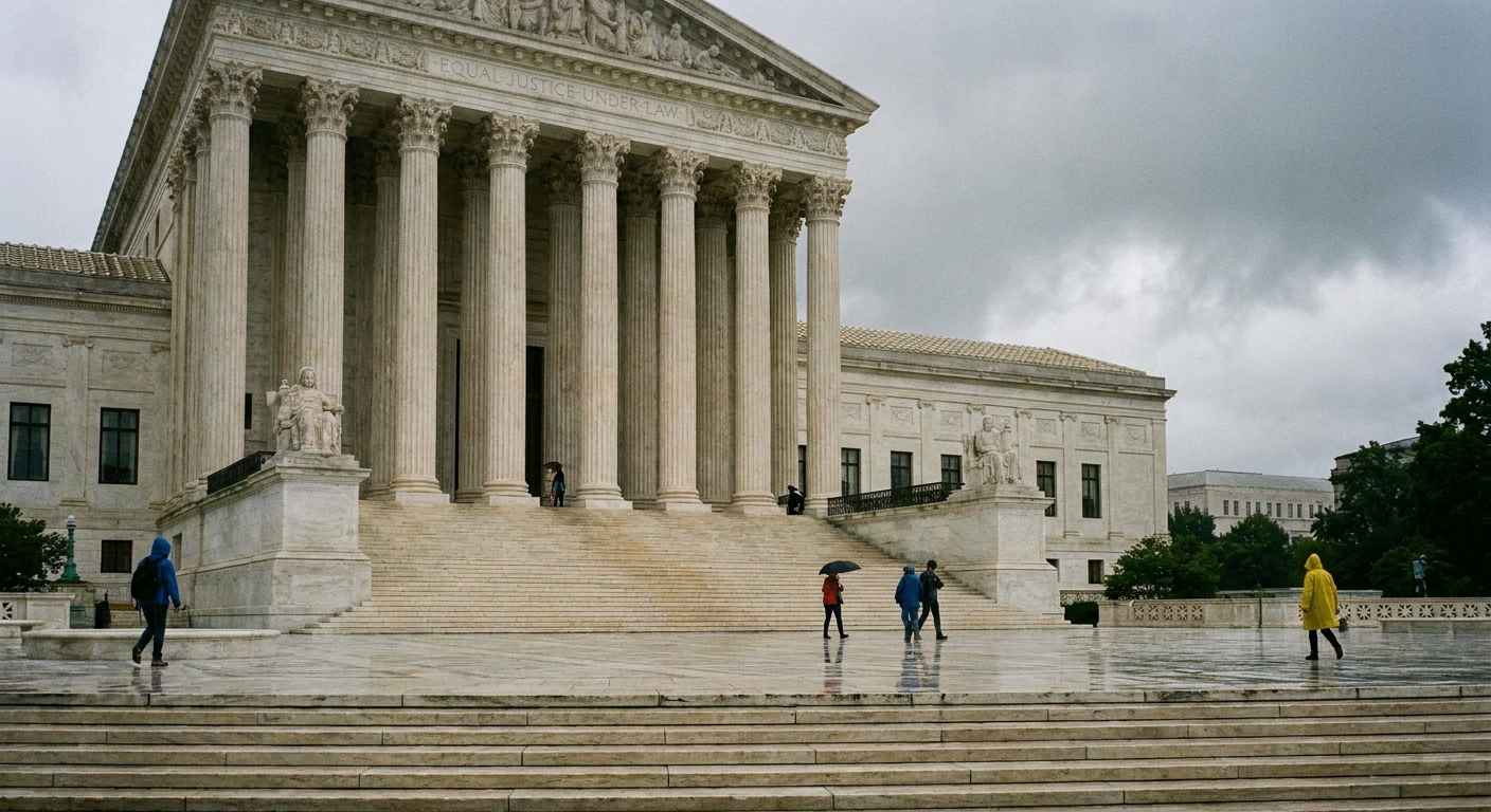 The exterior steps and columns of the United States Supreme Court building on an overcast day, with a few pedestrians walking nearby, realistic news photography style