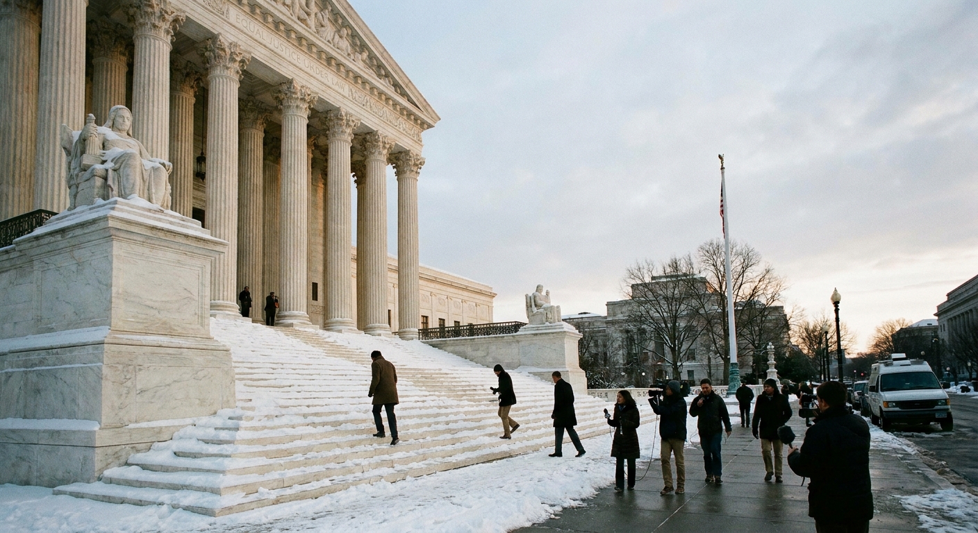 The exterior steps and columns of the United States Supreme Court building in Washington, D.C., in winter light, news photography style