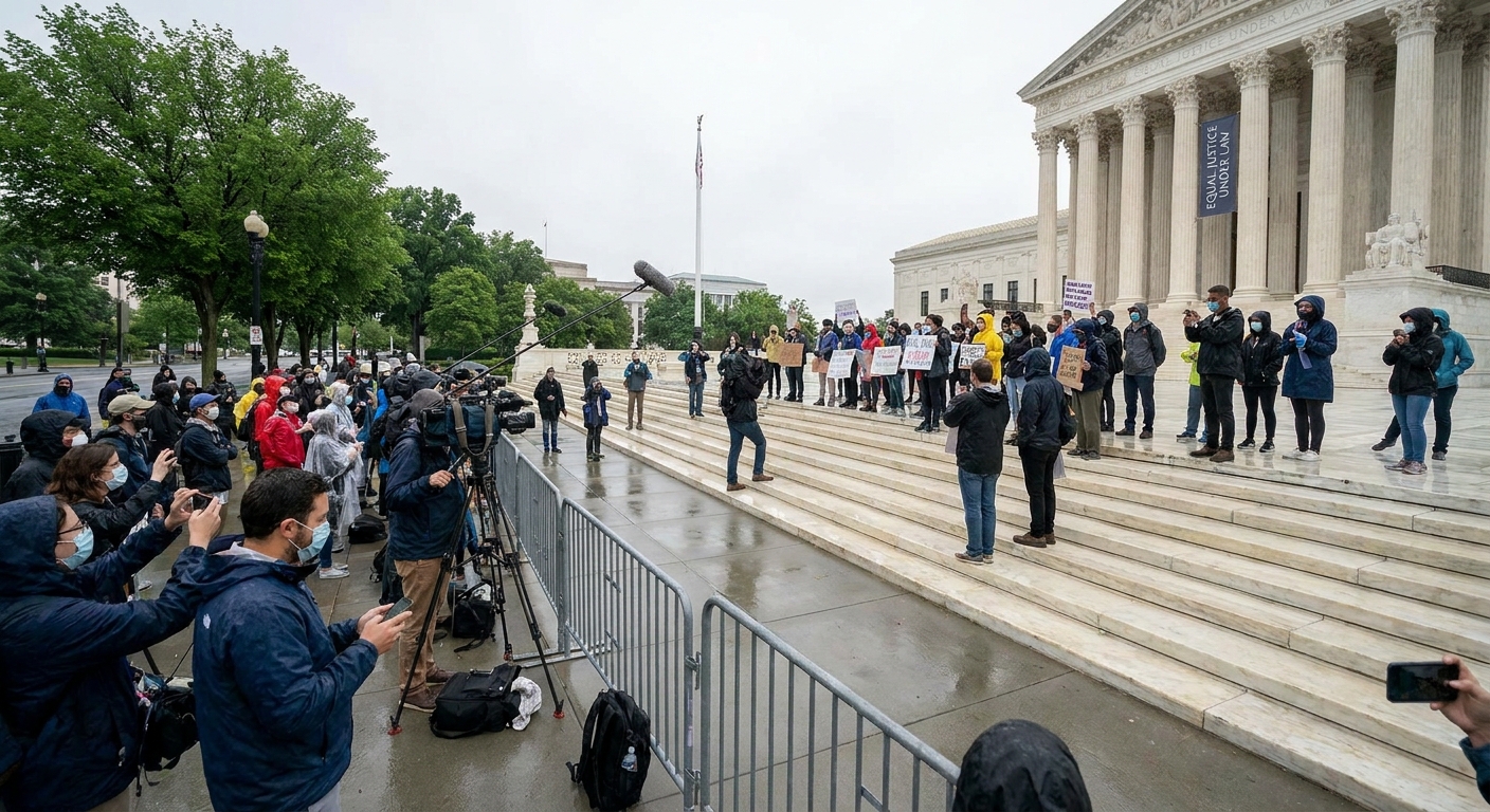 The exterior steps of the United States Supreme Court in Washington, DC on a June morning in 2020 with people and cameras gathered outside, real photograph