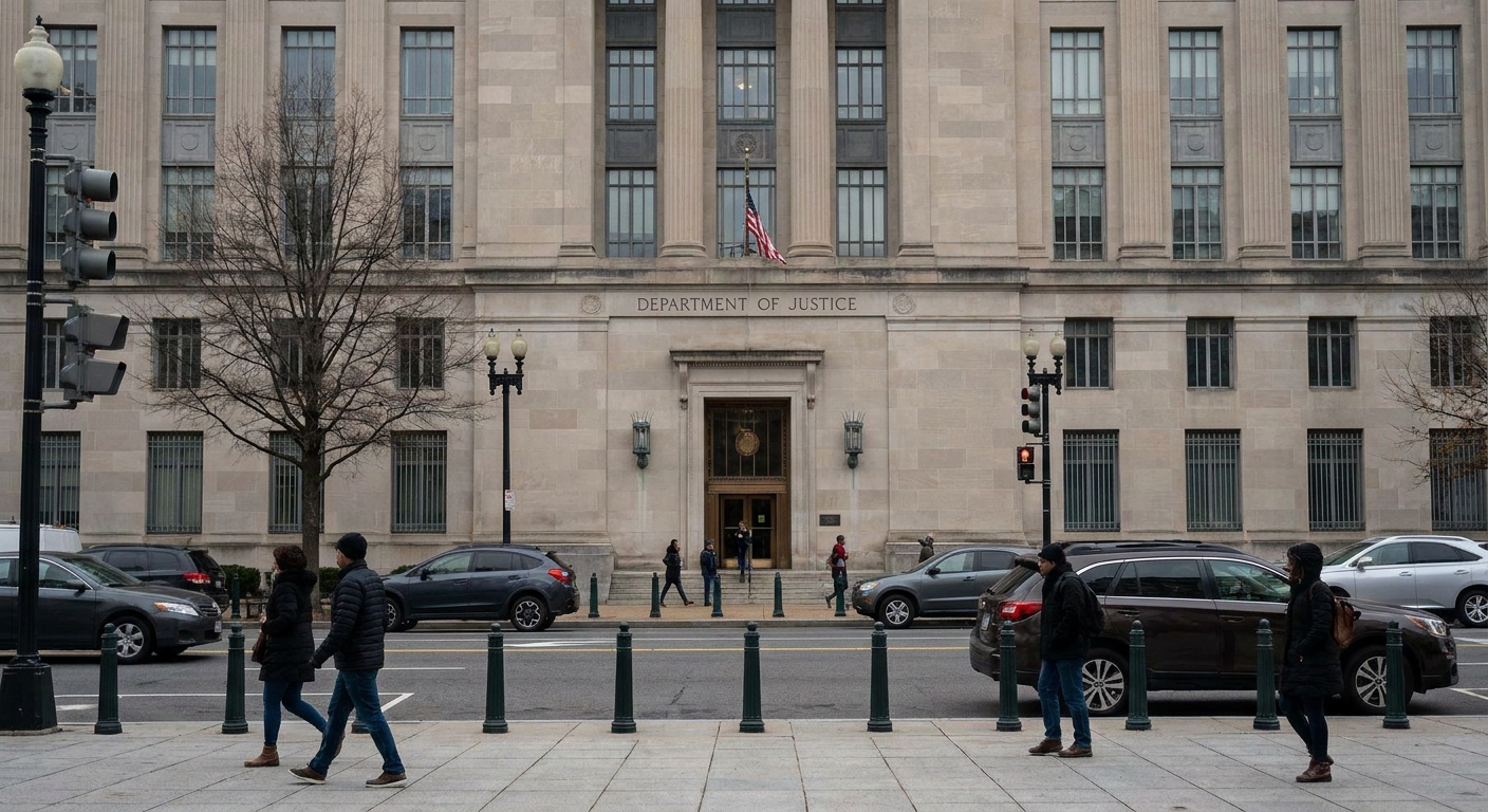 The facade of the United States Department of Justice building in Washington, DC photographed from street level in daylight, news photography style