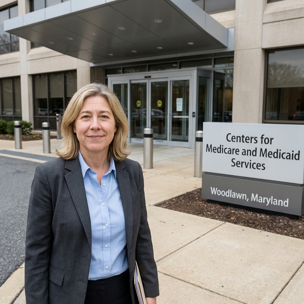 The front entrance of the Centers for Medicare and Medicaid Services headquarters building in Maryland, with the agency sign visible near the walkway, daytime news photography style