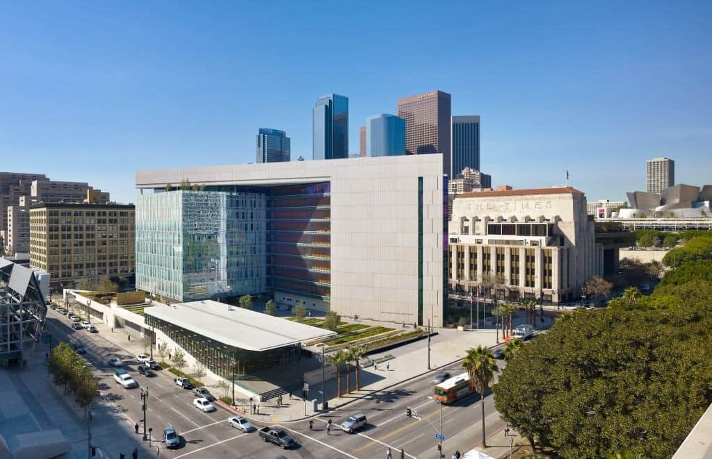 The front of the Los Angeles Police Department headquarters building with signage visible