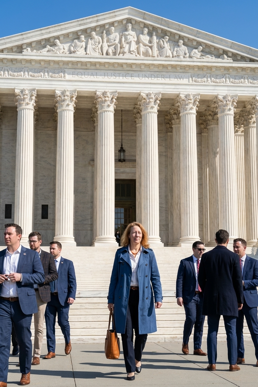 The front steps and columns of the United States Supreme Court building on a clear day in Washington, DC, with pedestrians walking in the foreground, news photography style