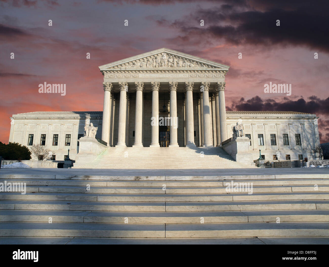 The front steps and columns of the United States Supreme Court building in Washington, DC on a clear morning, realistic photography style