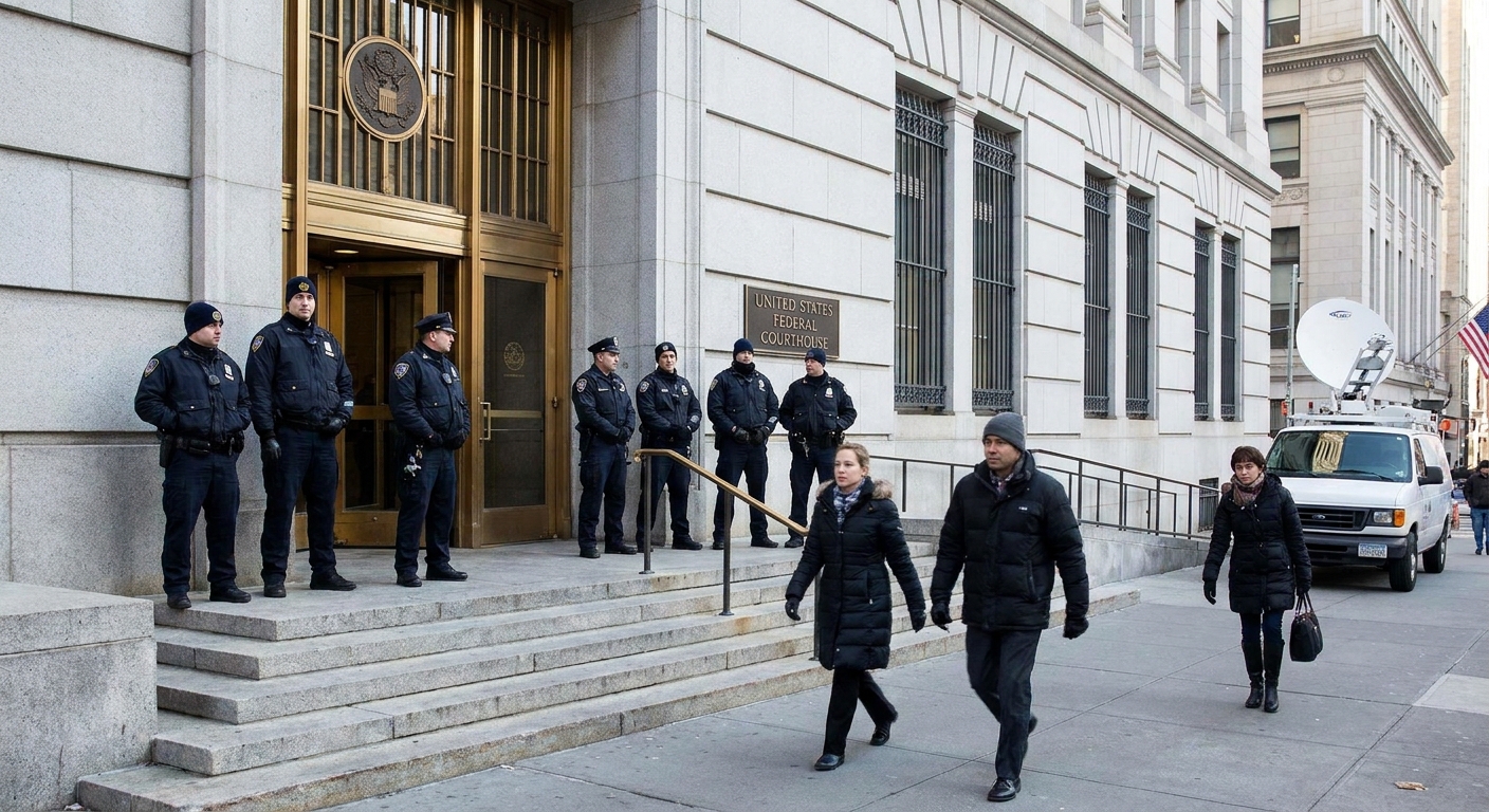 The front steps of a federal courthouse with uniformed security officers near the entrance and people walking past, daytime news photography style
