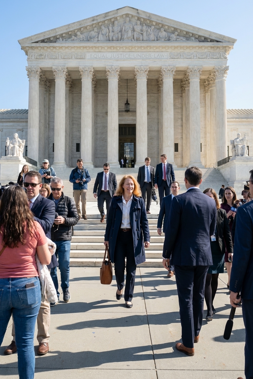 The front steps of the United States Supreme Court on a clear day with people walking near the entrance, realistic news photography style