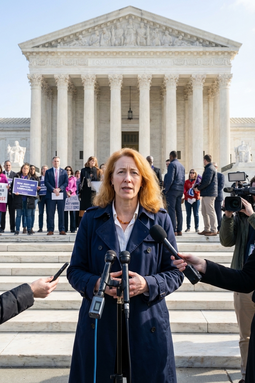 The front steps of the United States Supreme Court on a clear day with people gathered near the entrance, news photography style