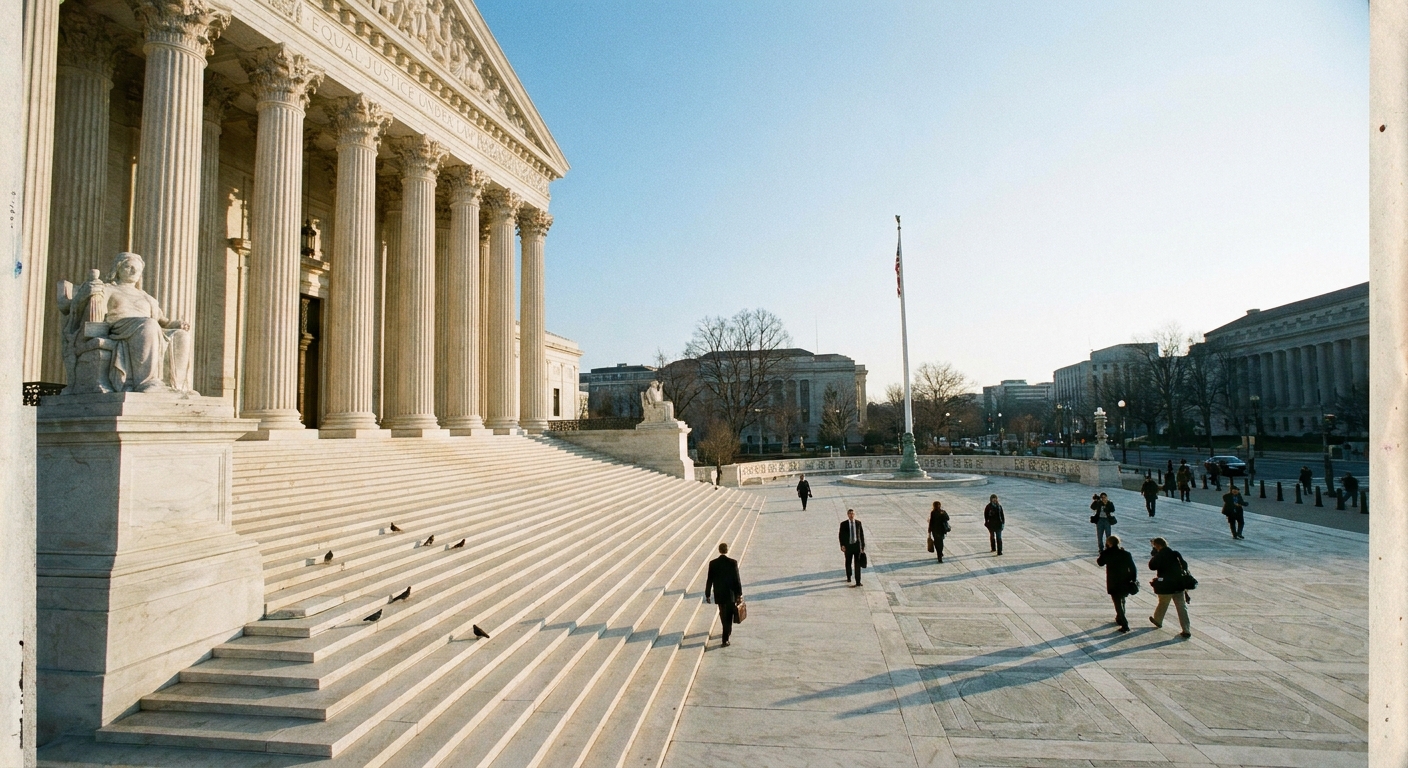 The front steps of the United States Supreme Court building on a clear morning with pedestrians in the distance, news photography style