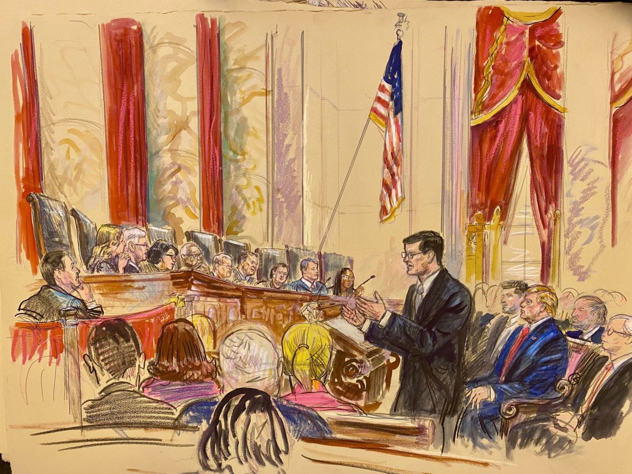 The front steps of the United States Supreme Court in Washington, DC, with people gathered outside on a spring day, news photography style