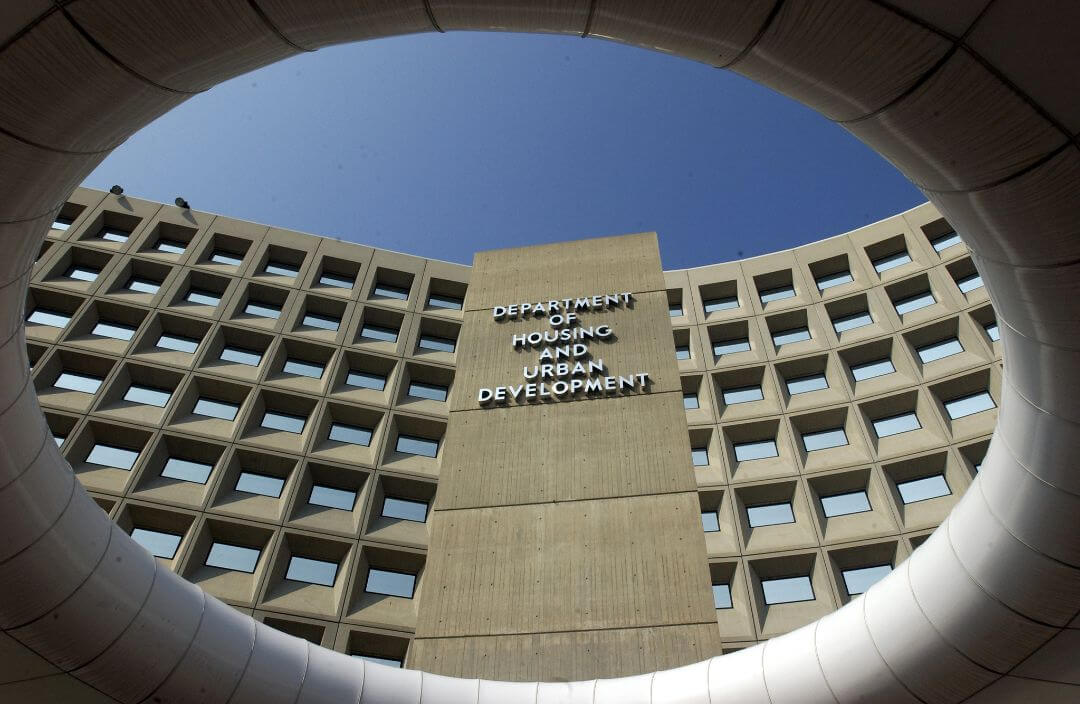 The headquarters building of the U.S. Department of Housing and Urban Development in Washington, DC, photographed from street level