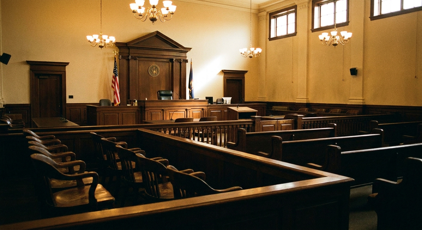 The interior of a federal courtroom with the judge's bench in the background and an empty jury box in the foreground, warm indoor lighting, news photography style