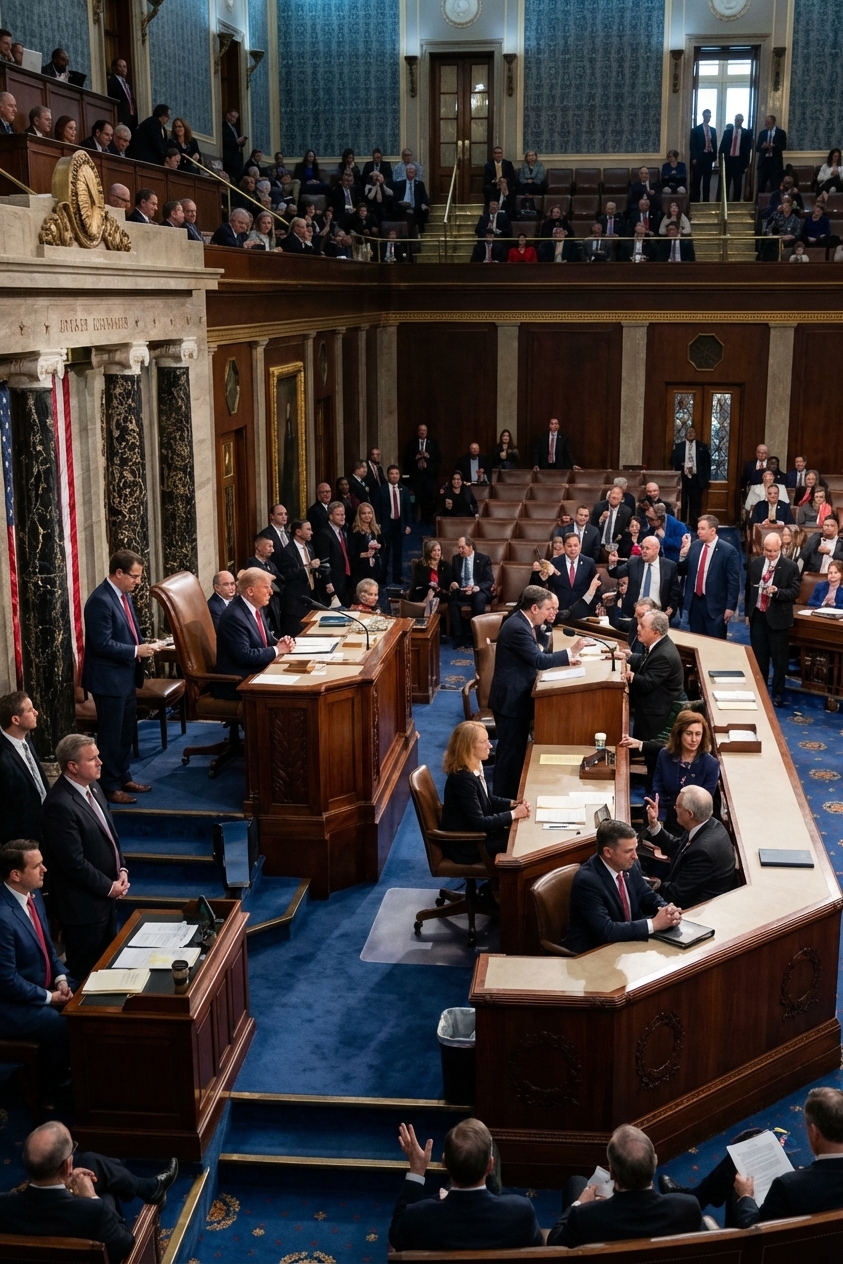 The interior of the U.S. House of Representatives chamber with members seated and the Speaker's rostrum visible, photographed from the gallery in a realistic news photography style