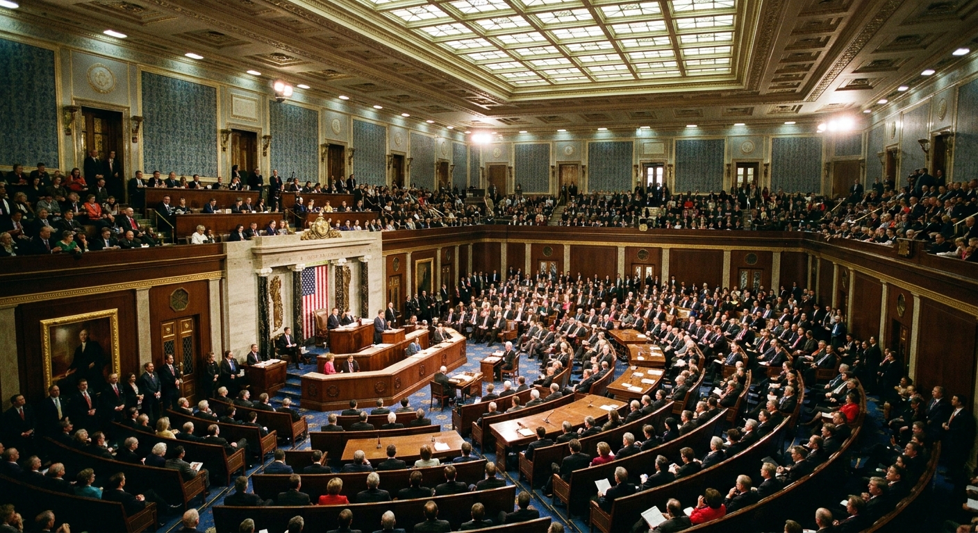 The interior of the United States House of Representatives chamber in the U.S. Capitol building, photographed from the gallery with seats and rostrum visible