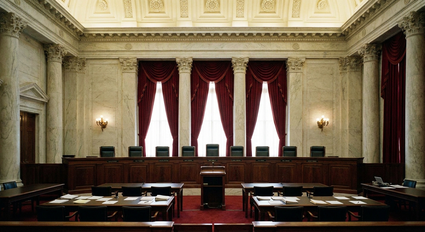 The interior of the United States Supreme Court courtroom with the bench and empty counsel tables, photographed in natural light, news photography style