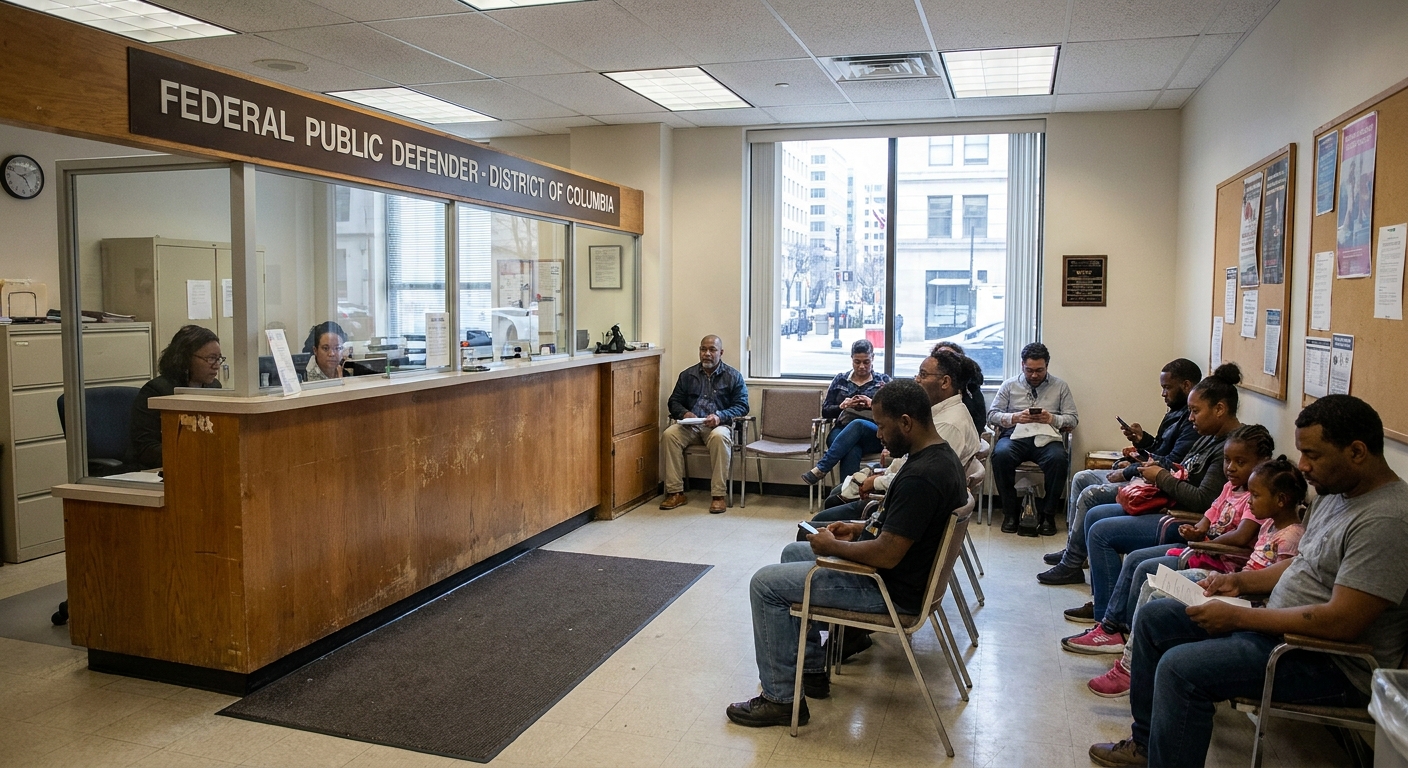 The lobby of a federal public defender office with a reception desk and people waiting for appointments, realistic documentary photo style