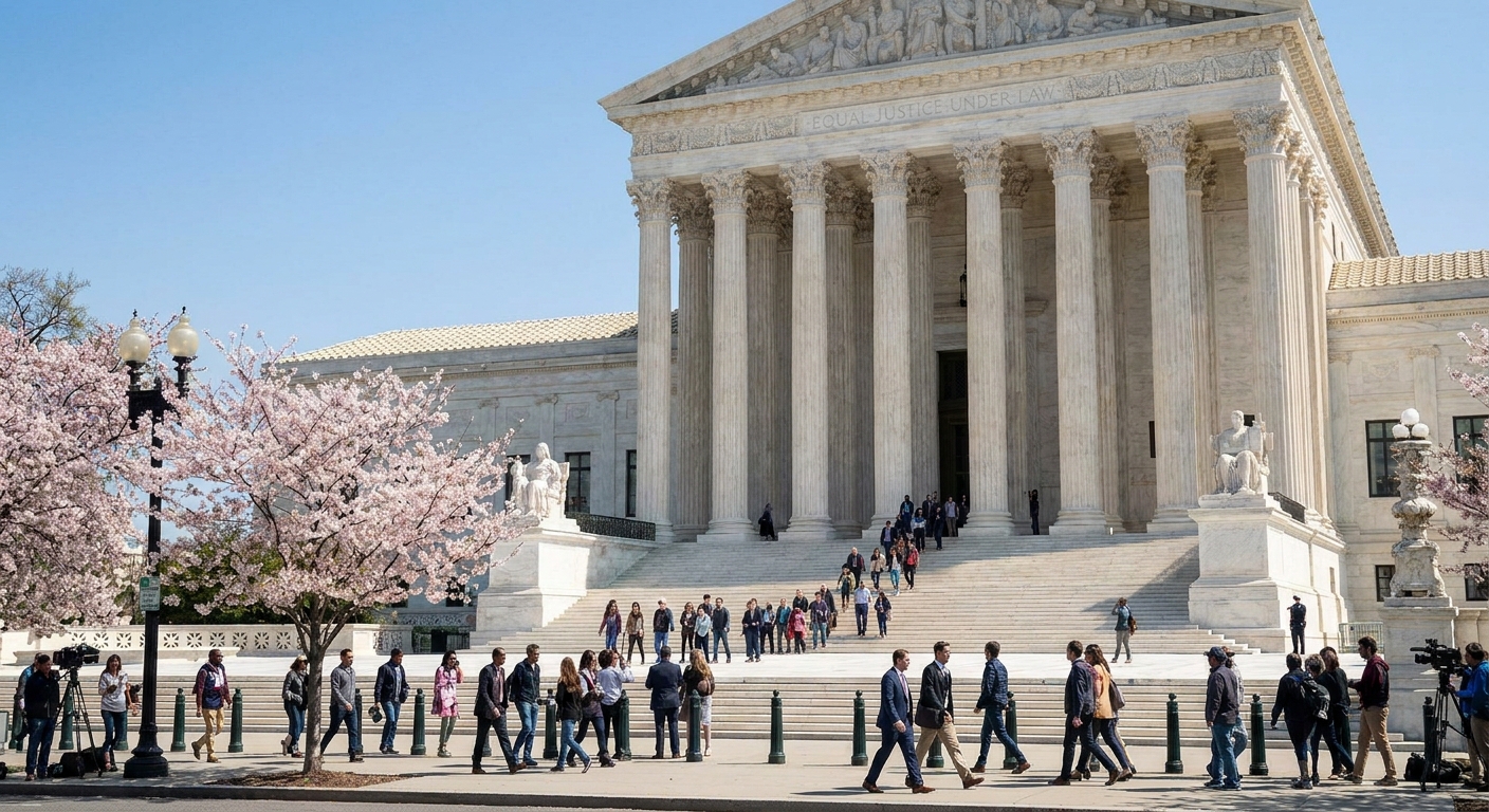 The marble steps and columns of the United States Supreme Court building on a bright spring day in Washington, DC with people walking past, news photography style