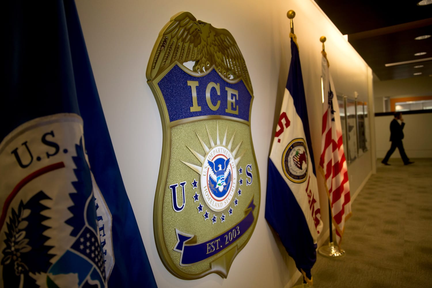 The seal of U.S. Immigration and Customs Enforcement (ICE) displayed at or near ICE headquarters in Washington, D.C.