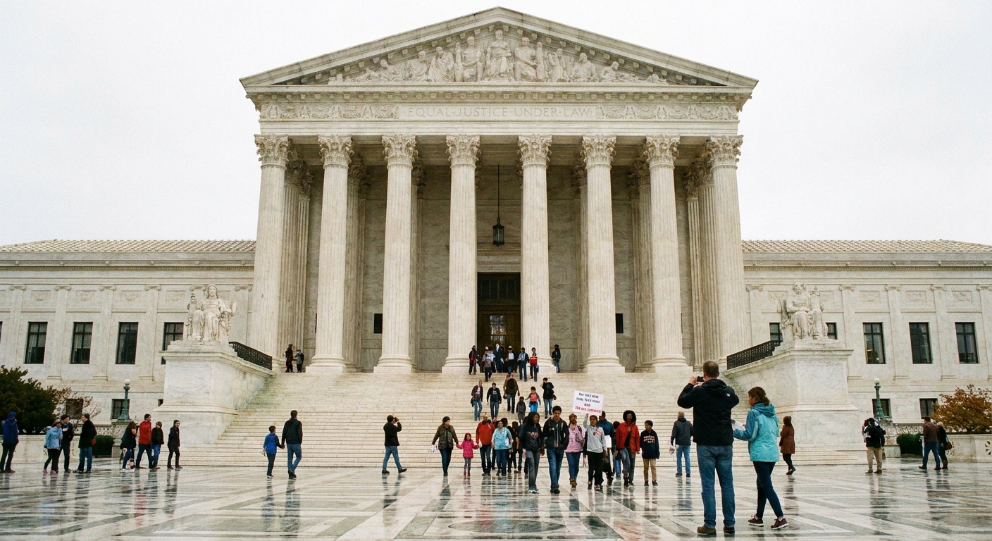 The steps and columns of the United States Supreme Court building in Washington, D.C. with visitors walking past, real photojournalism style