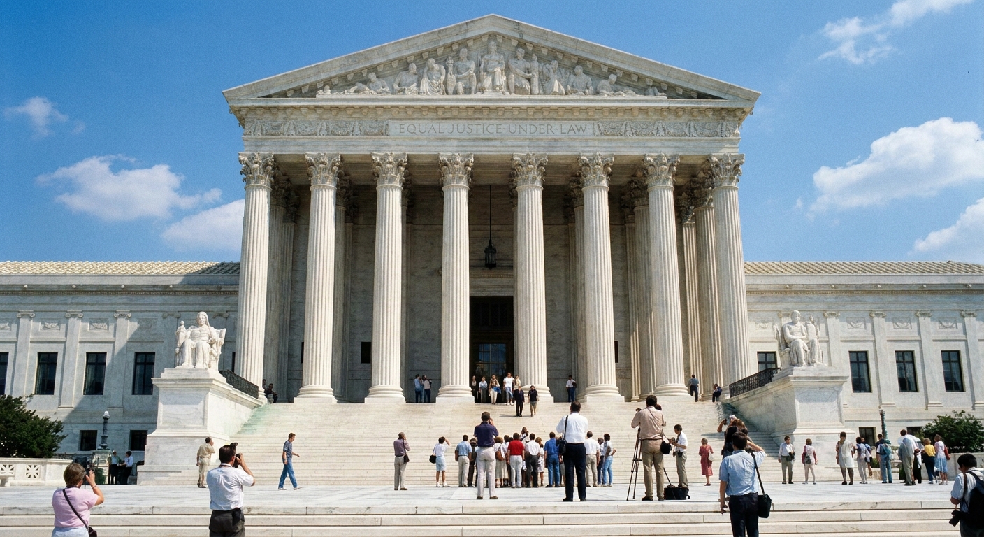 The steps and columns of the United States Supreme Court building in Washington, DC on a bright day, with visitors standing near the entrance, news photography style