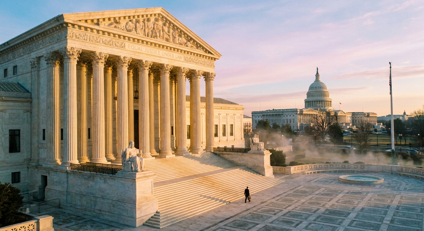 The steps and front columns of the United States Supreme Court building in Washington, DC, photographed in early morning light