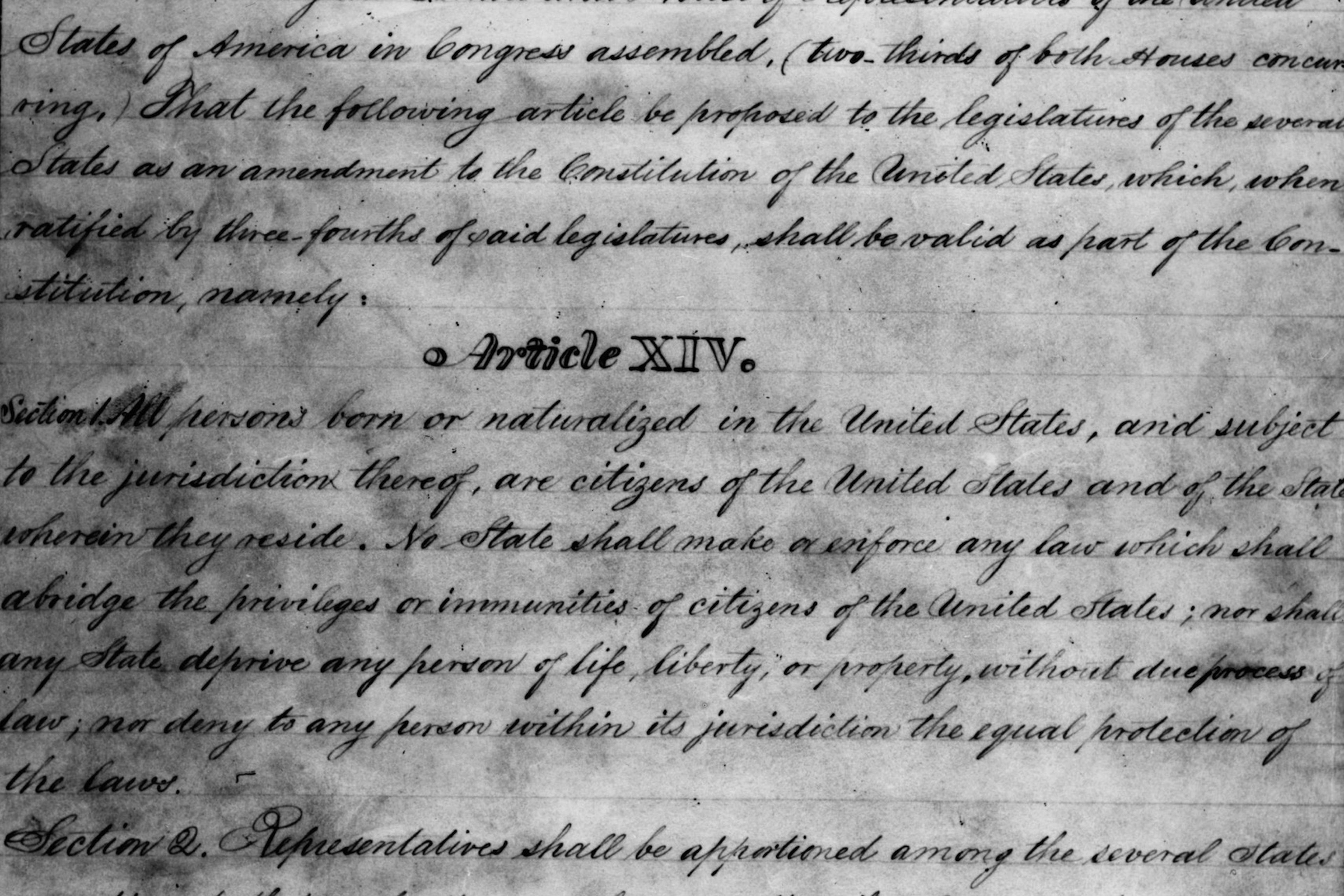 The text of the Fourteenth Amendment on display at the National Archives