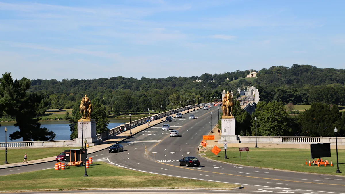 The west approach area of Arlington Memorial Bridge, showing the approach roads and formal landscape near the Arlington side