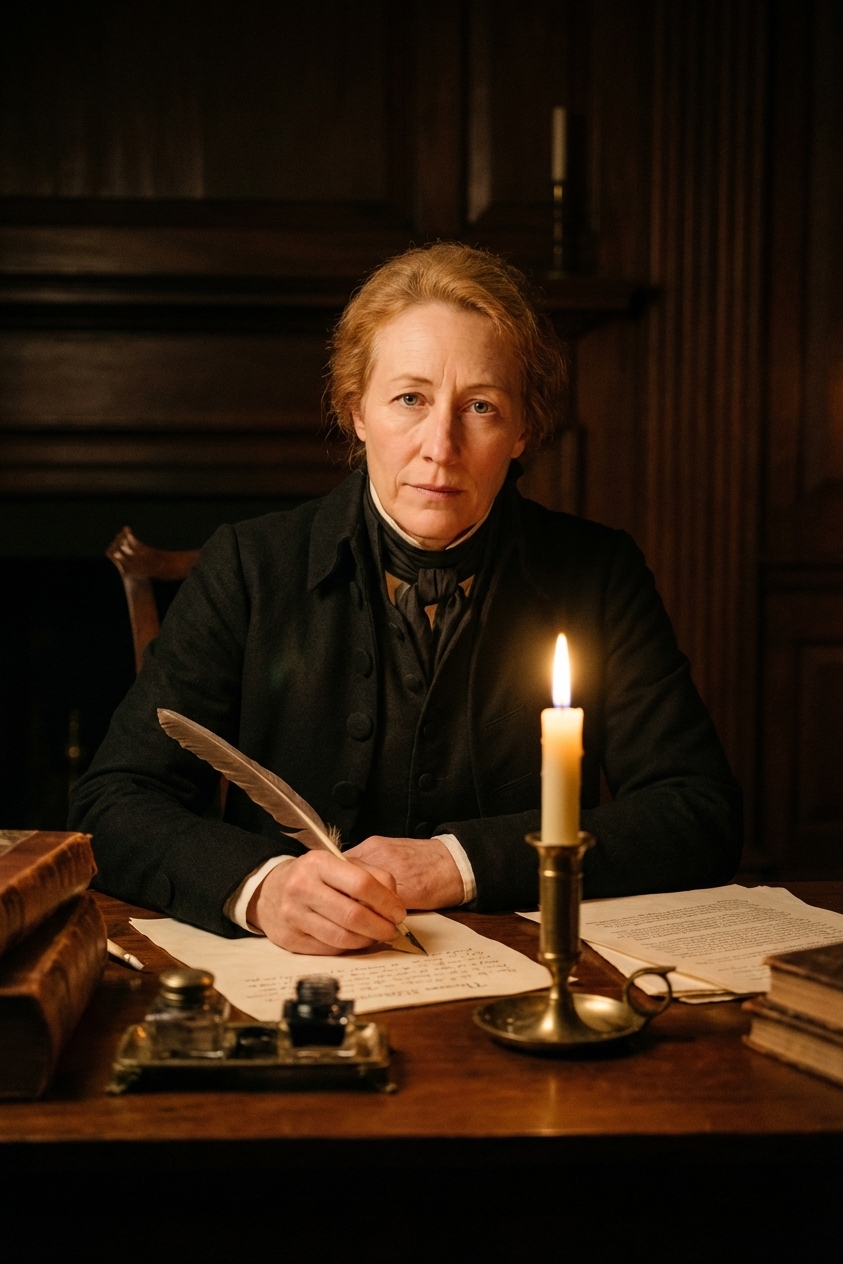 Thomas Jefferson seated at a desk writing a formal message to Congress by candlelight, period setting, documentary-style photography look