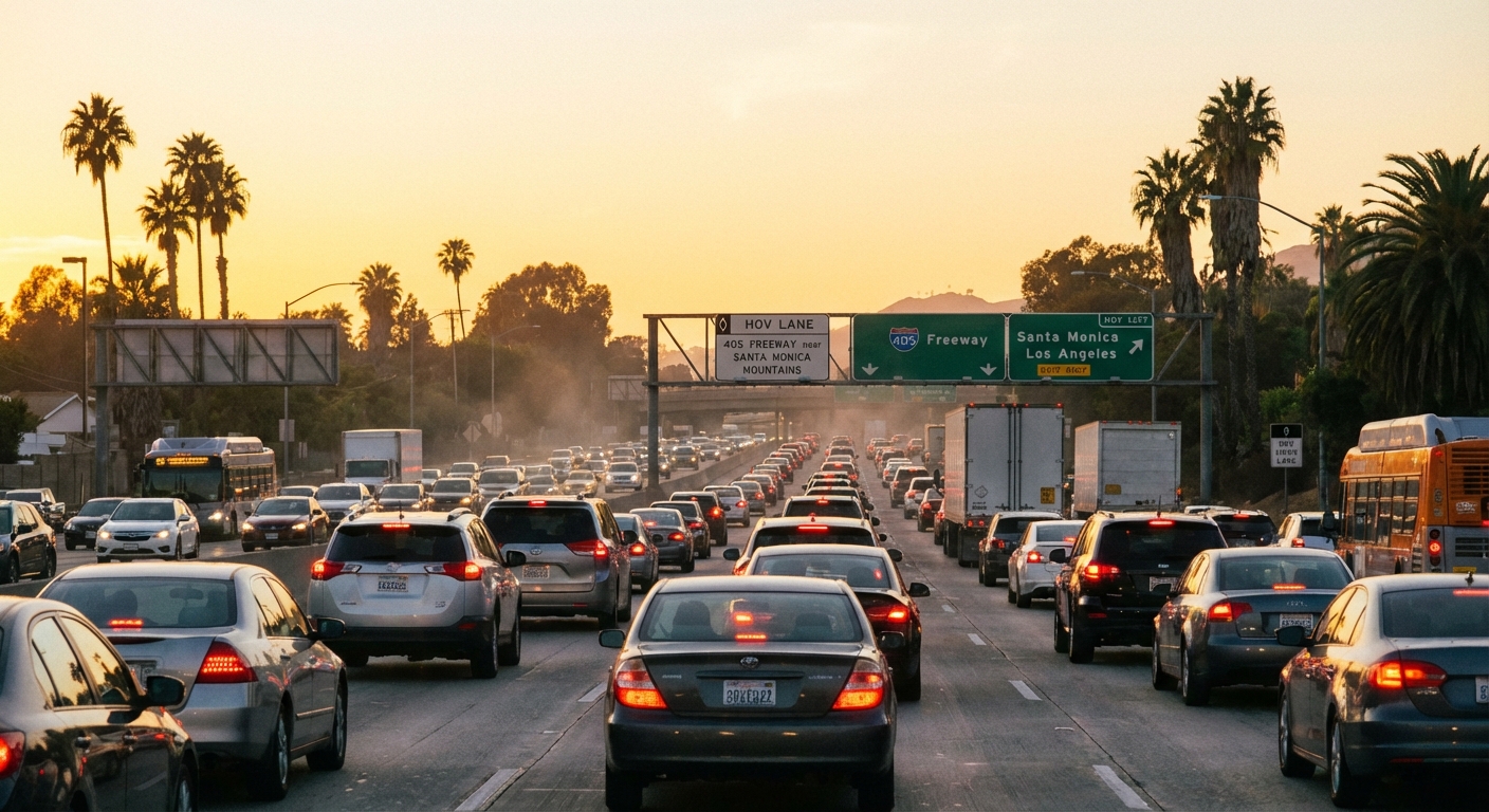 Traffic moving on a multi-lane California freeway during the evening commute