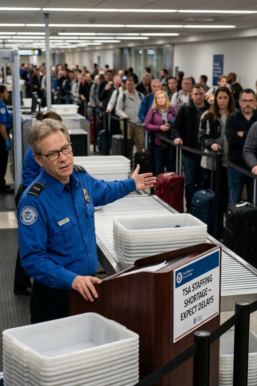 Transportation Security Administration officers working at an airport security checkpoint with long passenger lines during a government shutdown, news photography style