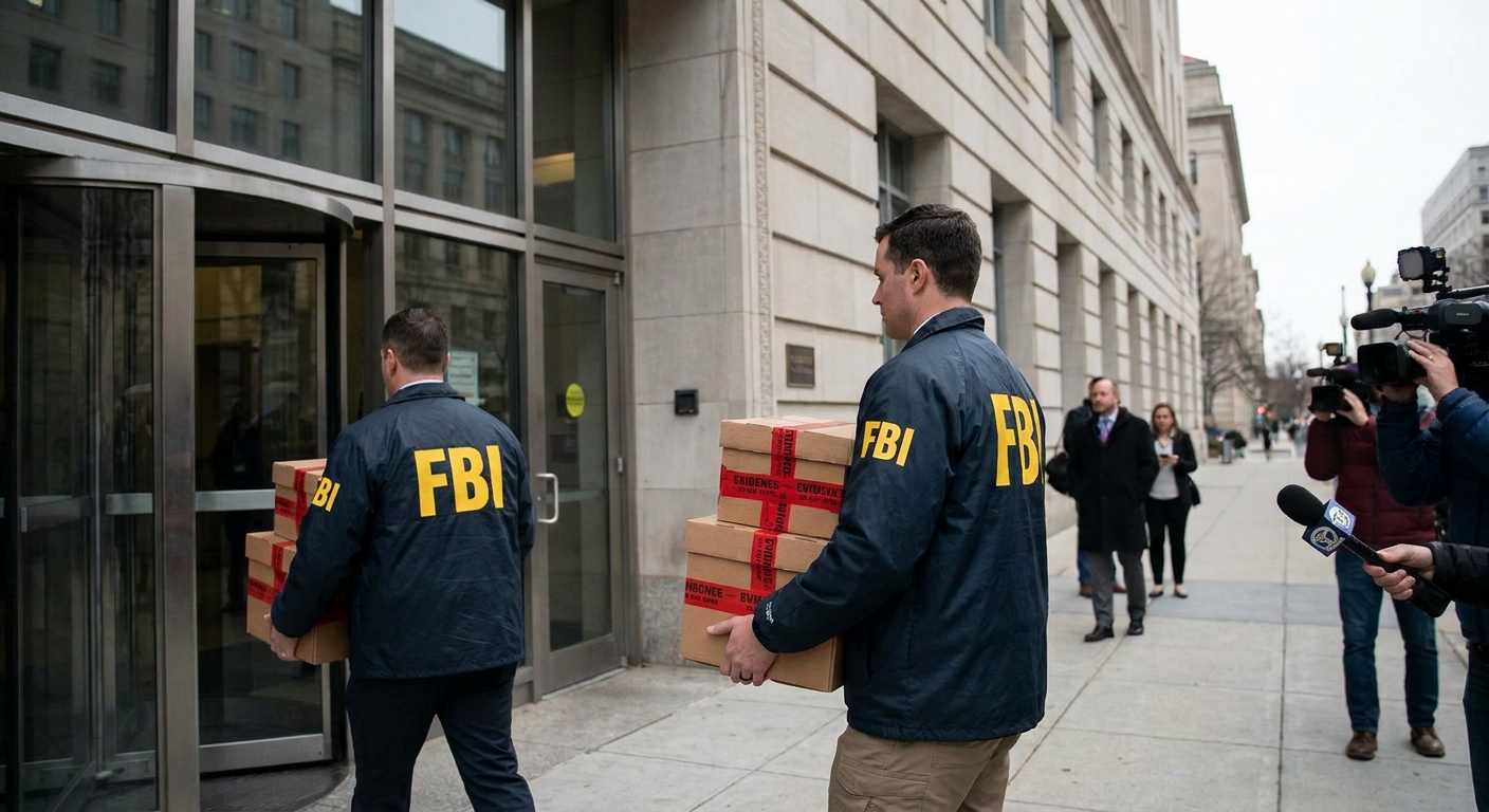 Two FBI agents carrying sealed evidence boxes into a federal building entrance in daylight, news photography style