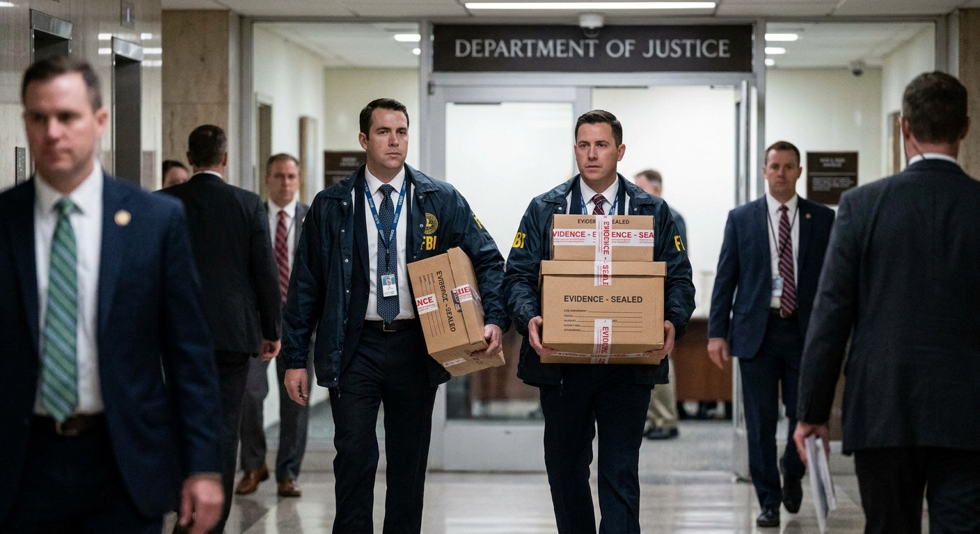 Two FBI agents carrying sealed evidence boxes through a federal office hallway, candid news photography style
