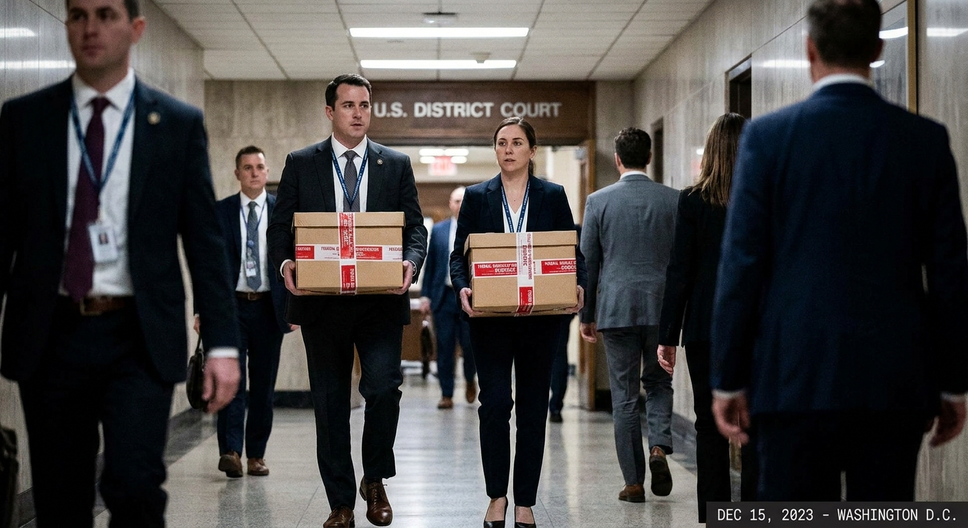 Two FBI agents in business attire carrying sealed evidence boxes down a federal building hallway, realistic news photography style