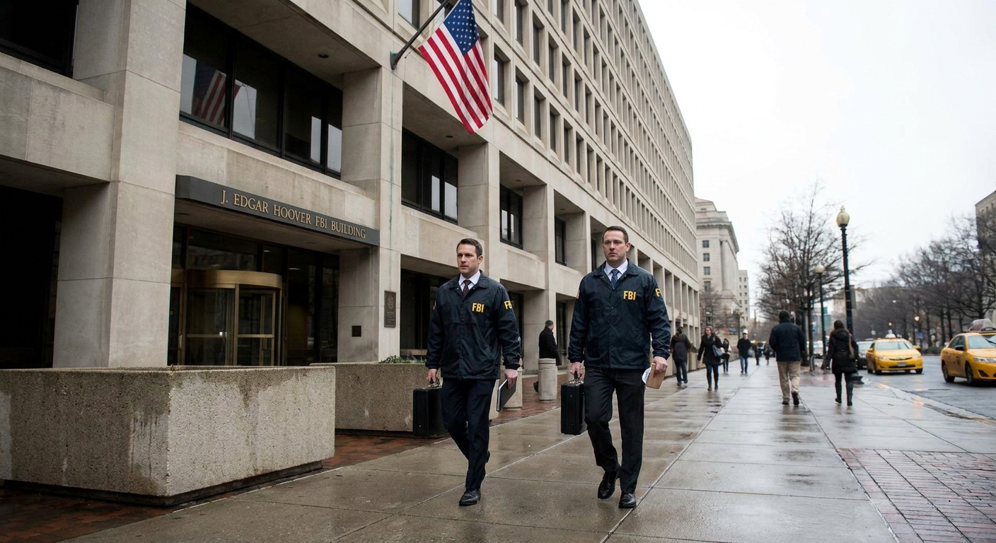 Two FBI agents in jackets walking briskly on a sidewalk outside a federal office building in Washington, D.C., daytime, news photography style