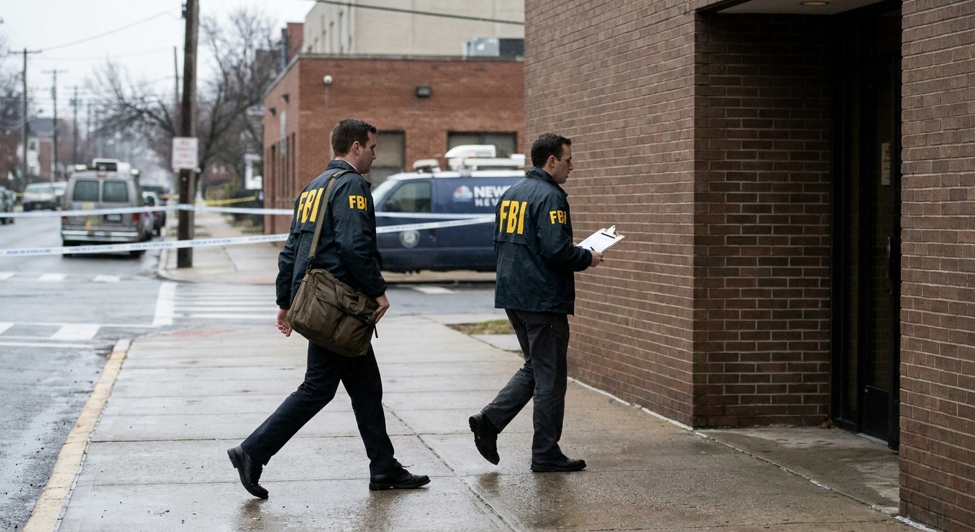 Two FBI agents in jackets walking toward a building entrance during an organized crime investigation, candid news photography style