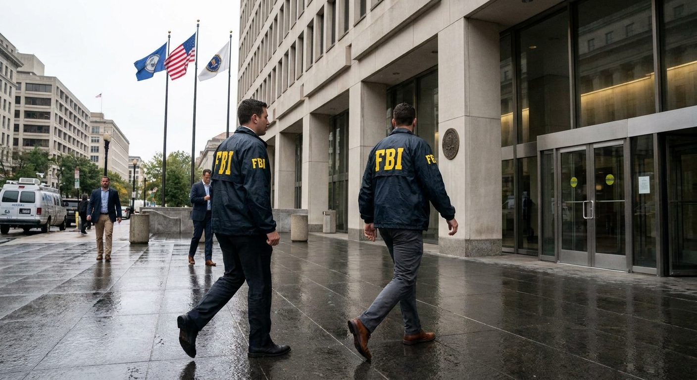 Two FBI agents walking toward the entrance of a federal building in daytime, wearing jackets with agency identifiers visible, news photography style