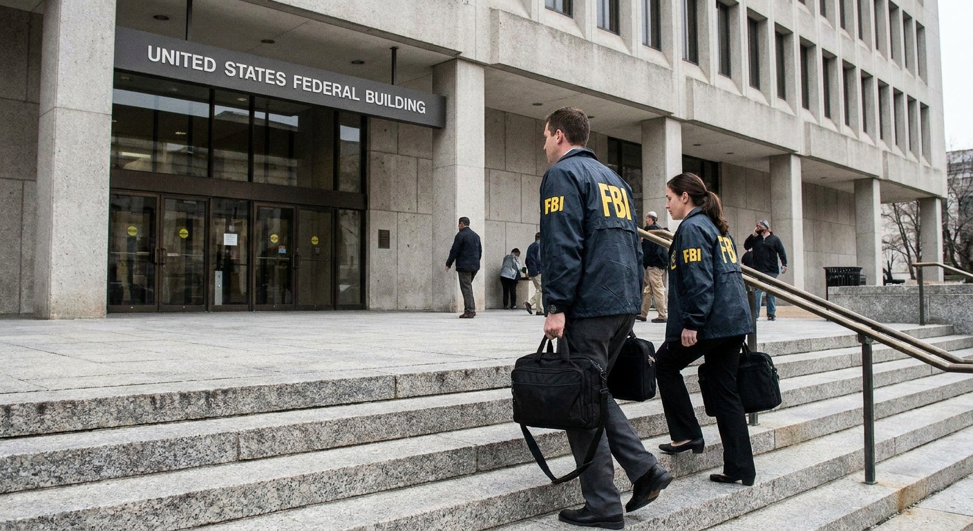 Two Federal Bureau of Investigation agents in jackets walking up steps outside a federal building, photographed candidly in daylight, news photography style