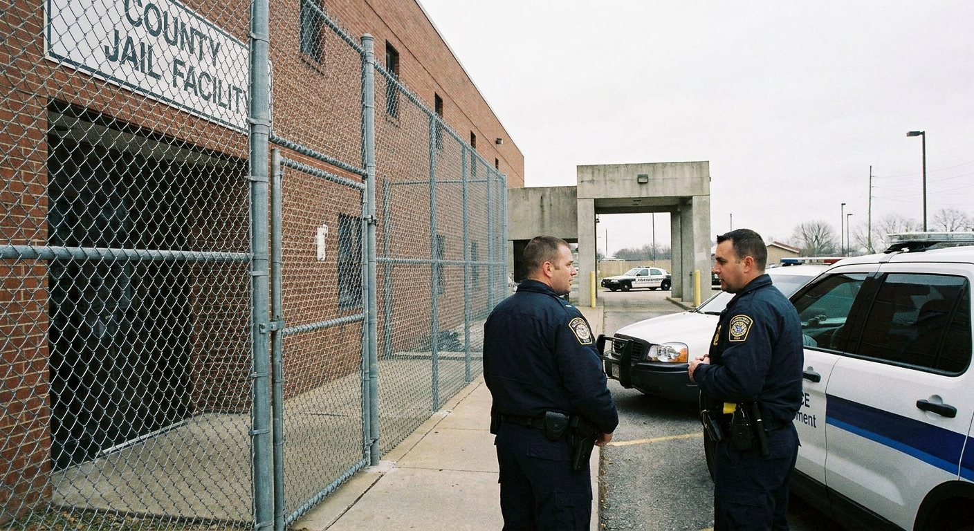 Two ICE officers standing outside the entrance of a county jail facility in daylight, documentary news photography style
