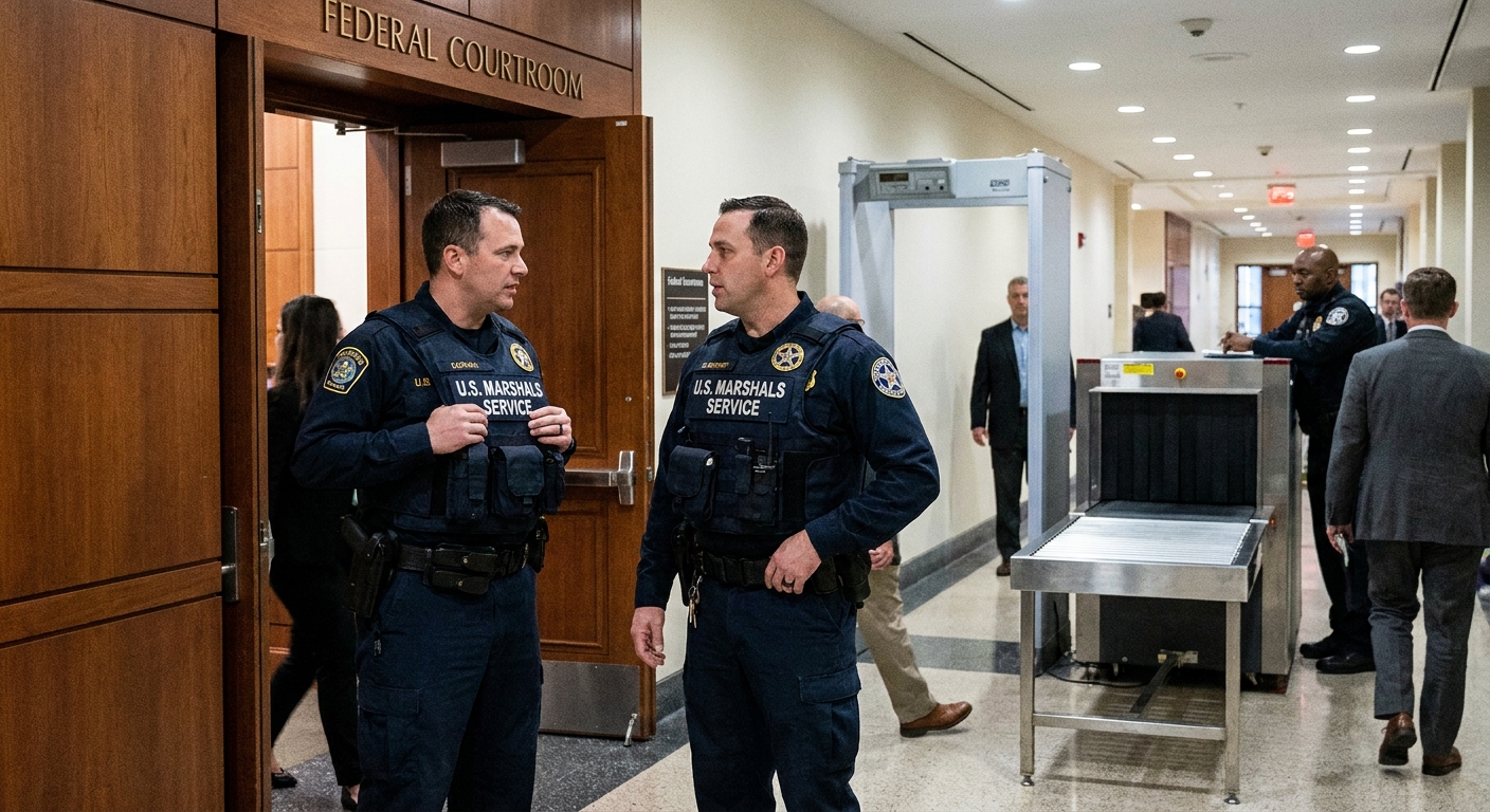 Two U.S. Marshals Service deputies standing near the entrance of a federal courtroom hallway with security screening equipment in the background, news photography style