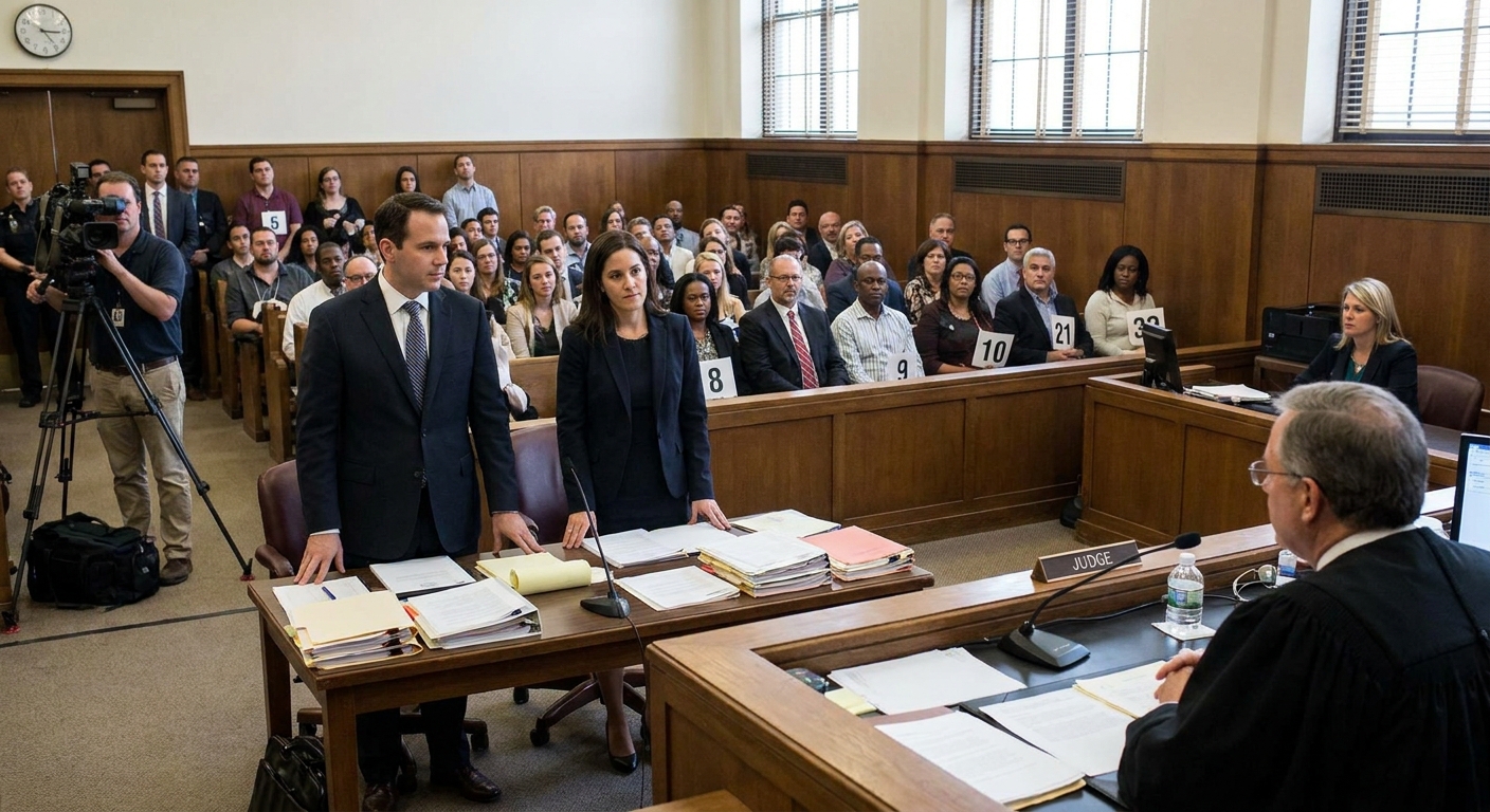 Two attorneys standing at counsel table in a busy courtroom during jury selection, with potential jurors seated in the gallery, news-style photography