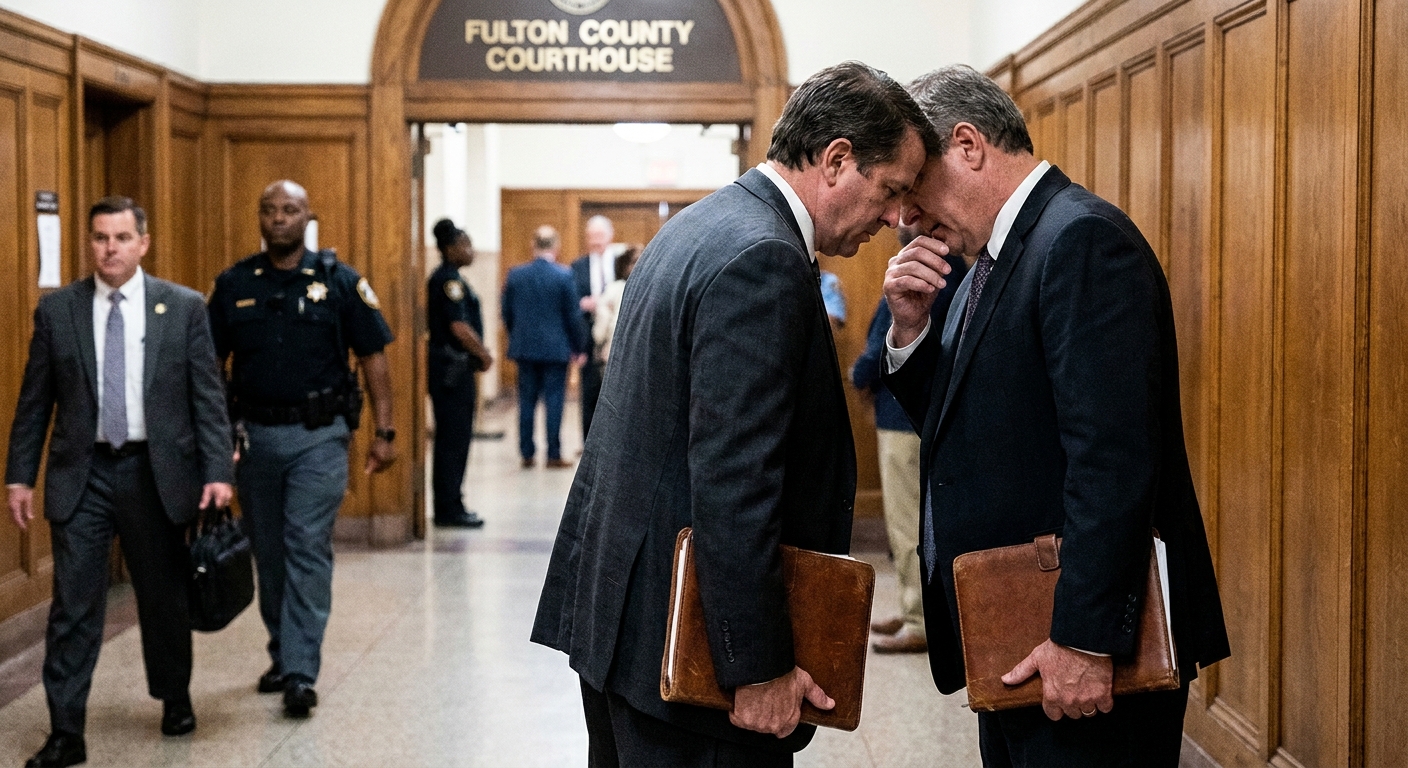 Two defense attorneys in suits speaking quietly in a courthouse hallway in Atlanta while holding case folders, candid courtroom news photography style