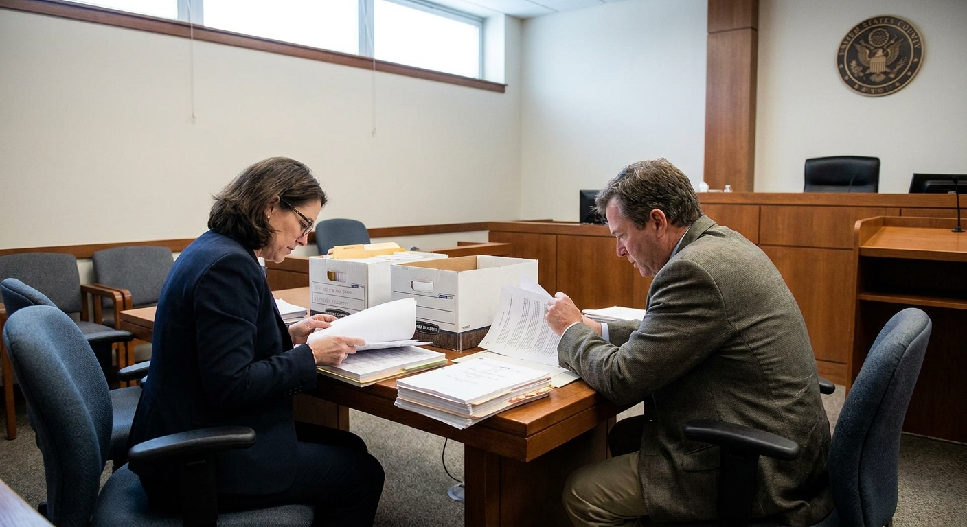 Two defense attorneys seated at a courtroom table in the United States reviewing a stack of documents during a break in proceedings, news photography style