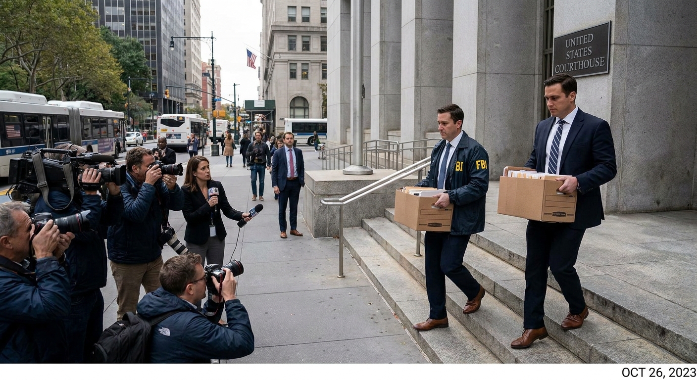 Two federal agents in suits carrying file boxes as they walk out of a large federal building in an urban setting, news photography style