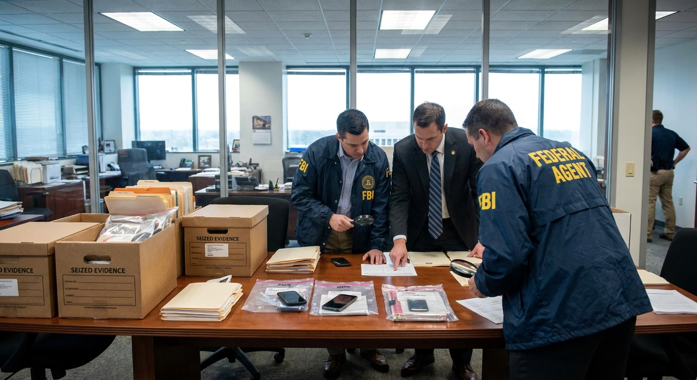 Two federal law enforcement agents reviewing boxes of seized documents and evidence on a conference table in an office setting, realistic news photography style
