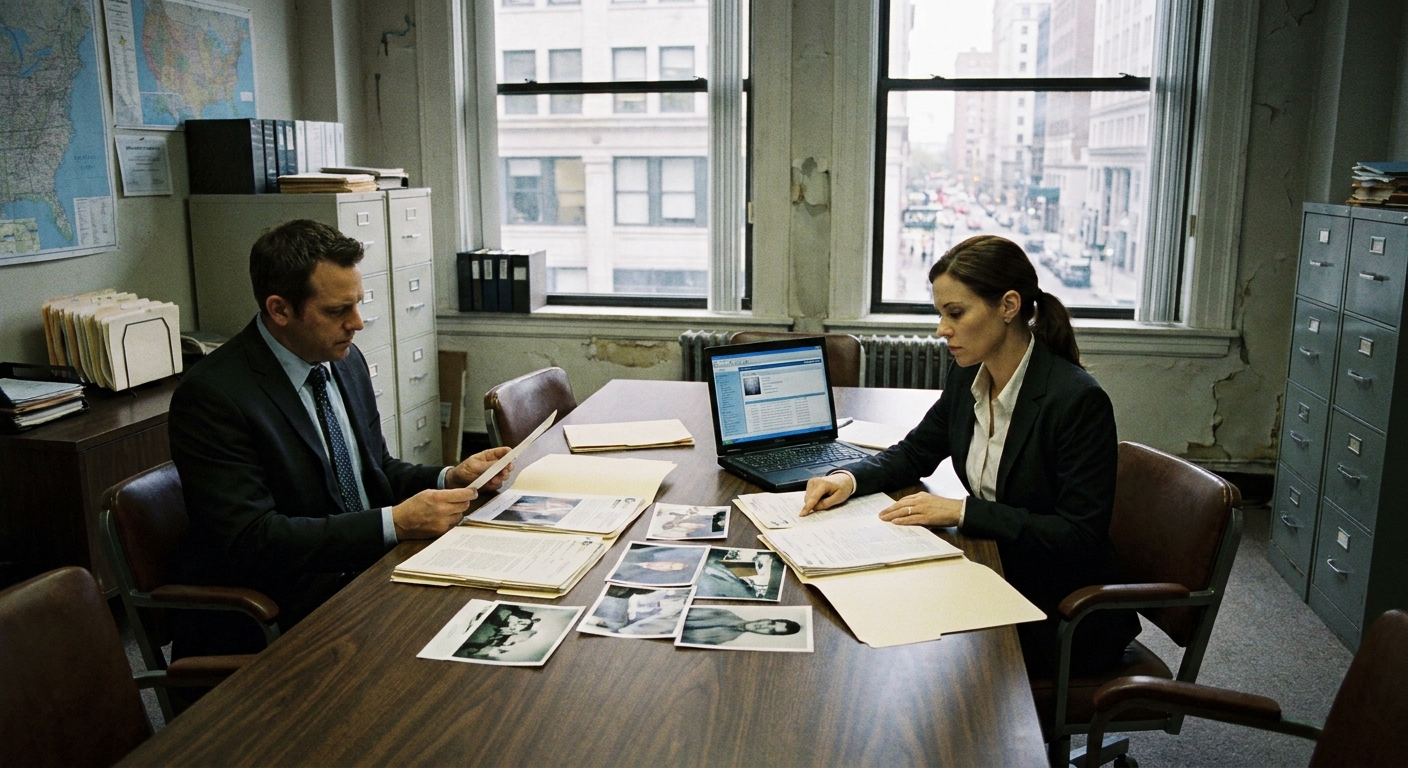 Two investigative agents seated at a conference table in a federal office reviewing paper evidence folders and a laptop, documentary news photography style