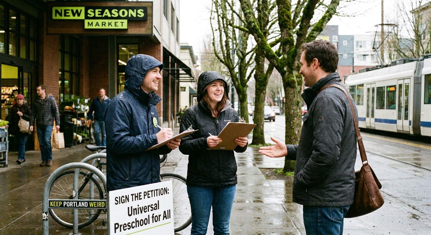 Two petition volunteers standing outside a grocery store entrance in Portland, Oregon, holding clipboards and speaking with a passerby about signing a ballot petition, news photography style