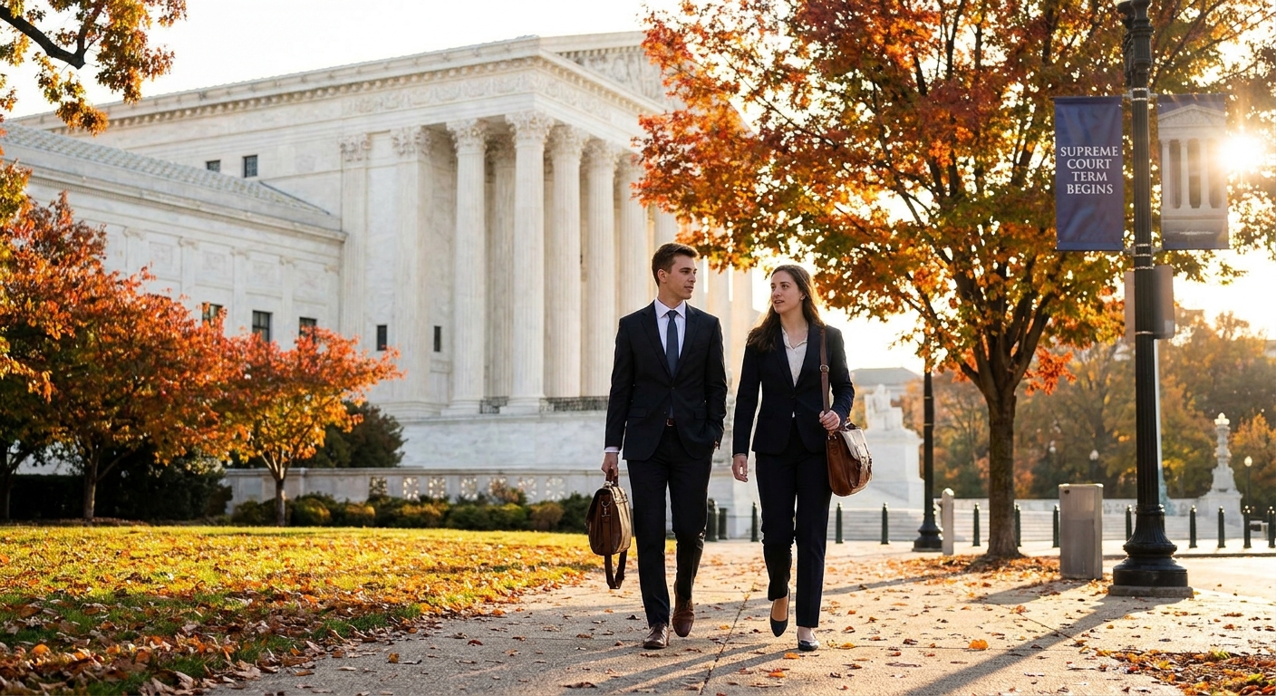 Two young Supreme Court law clerks in formal attire walking near the United States Supreme Court building in Washington, DC on an autumn afternoon, news photography style